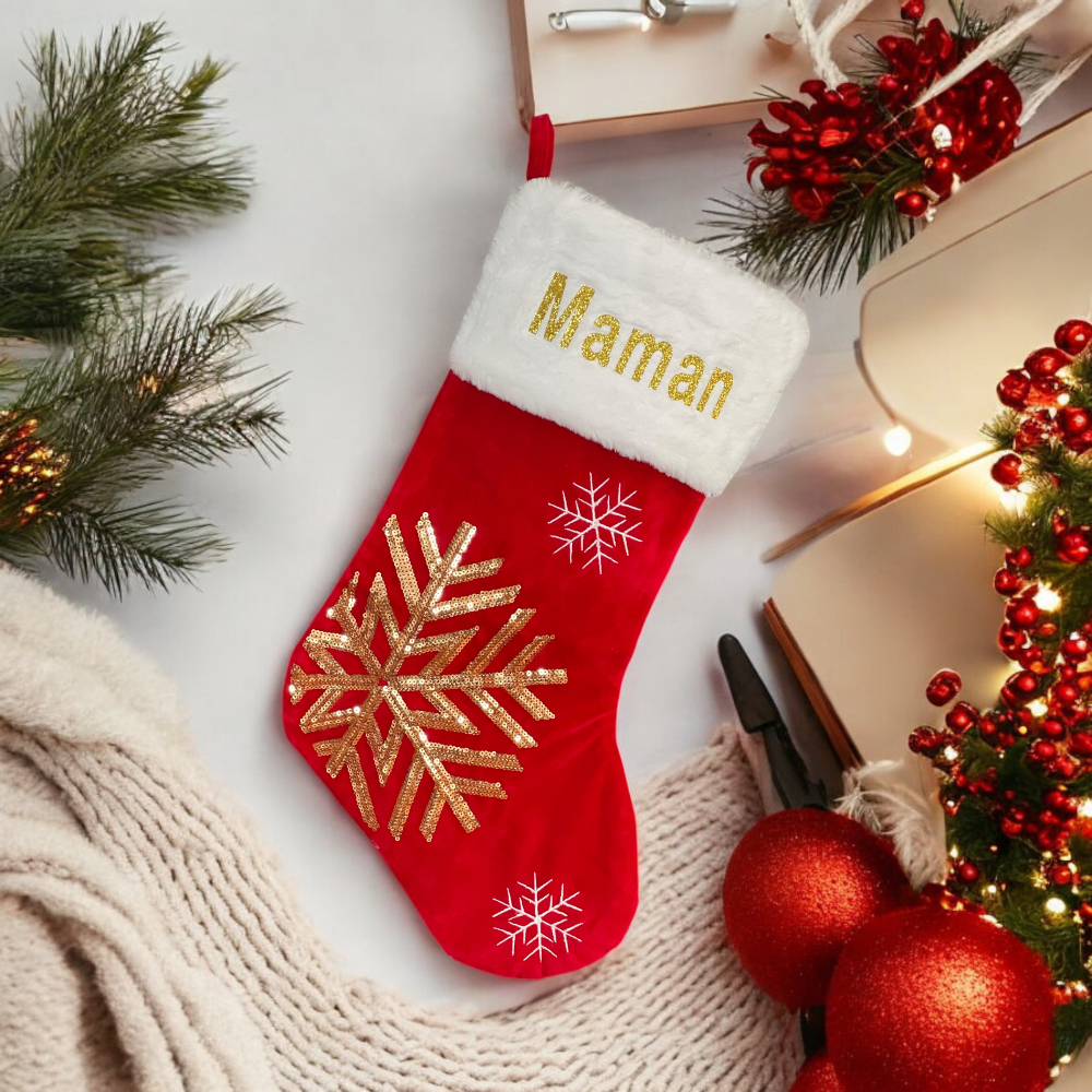Chaussette de Noël personnalisée en velours – Flocon de neige ou Cerf