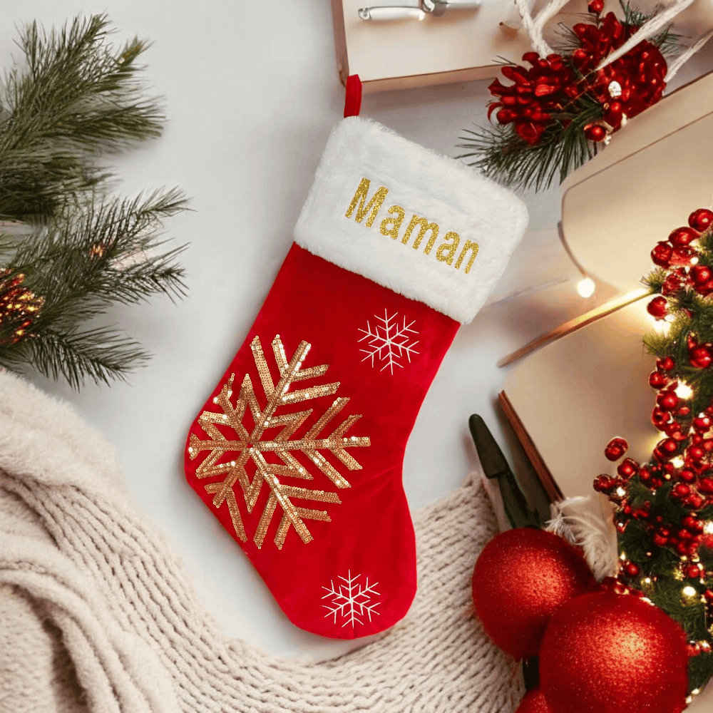 Chaussette de Noël personnalisée en velours – Flocon de neige ou Cerf – photo 3