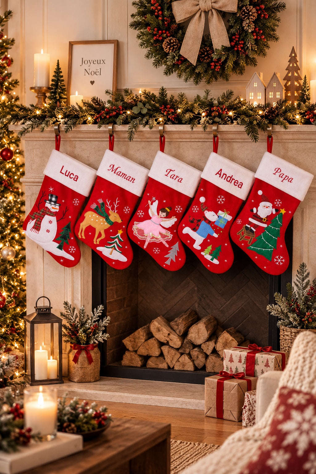 Chaussettes de Noël personnalisées suspendues à une cheminée, exemple de décoration avec supports