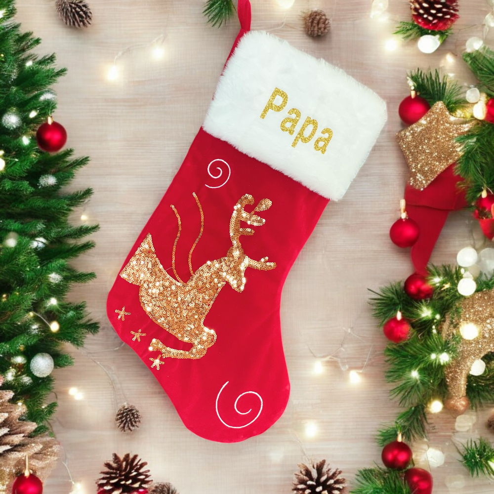 Chaussette de Noël personnalisée en velours – Flocon de neige ou Cerf