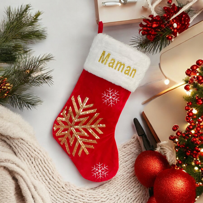 Chaussette de Noël personnalisée en velours – Flocon de neige ou Cerf
